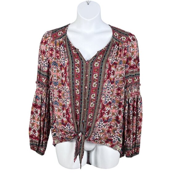 GiGio Womens M Boho Floral Blouse Smocked Cuff Balloon Sleeves Hippie Artsy Top - Picture 9 of 16